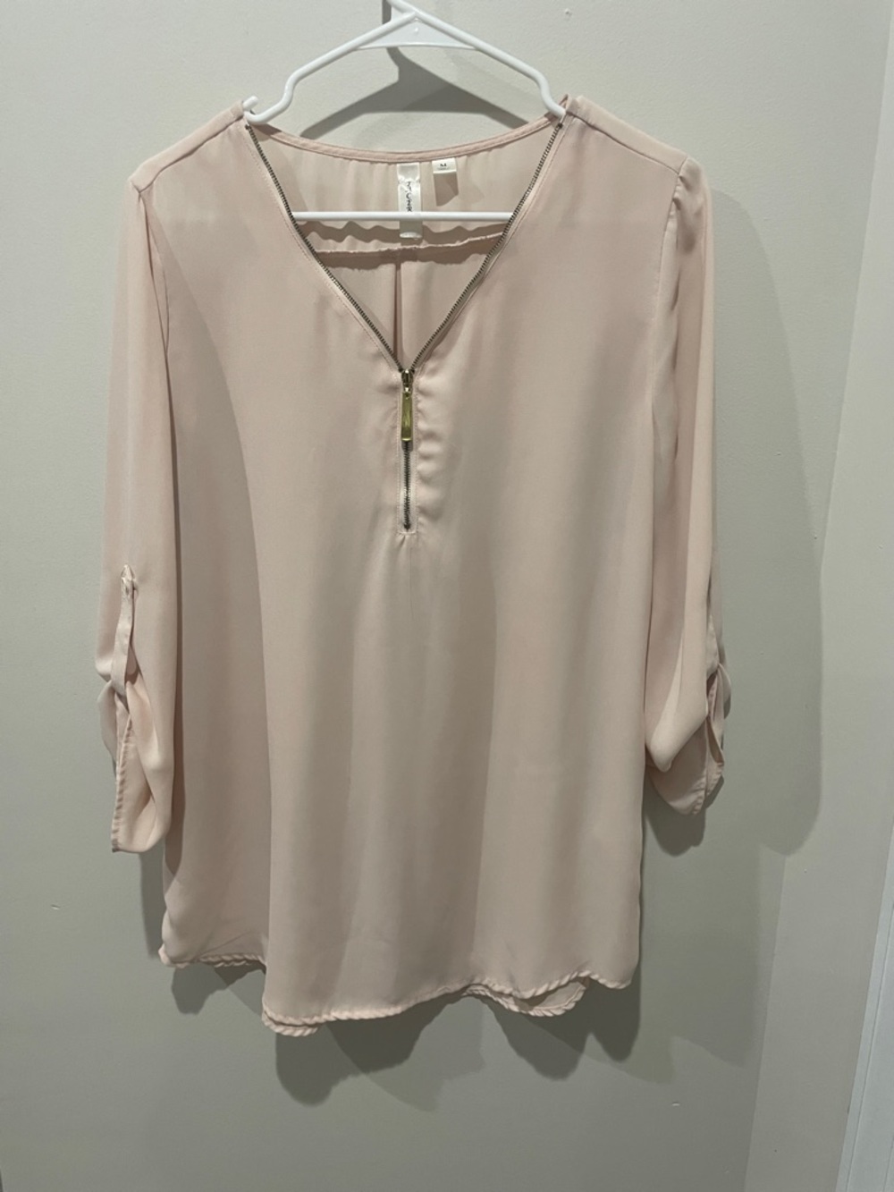 Light Pink Zip-Front Roll-Sleeve Blouse